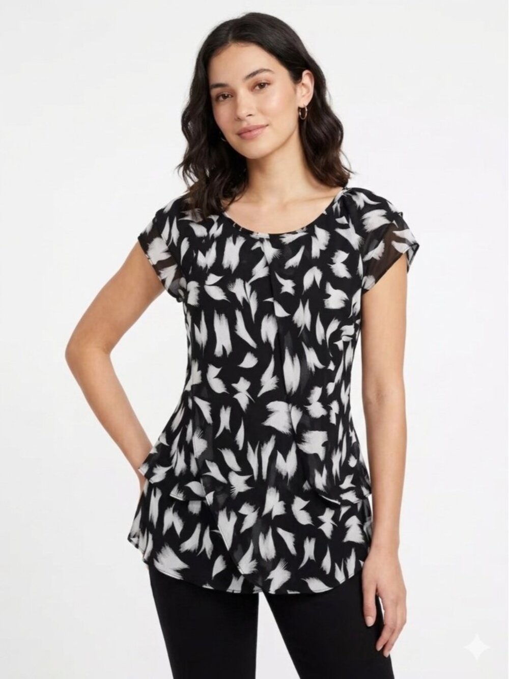 Alfred Sung Black White Monochrome Feather Print Tiered Chiffon Blouse Large-592